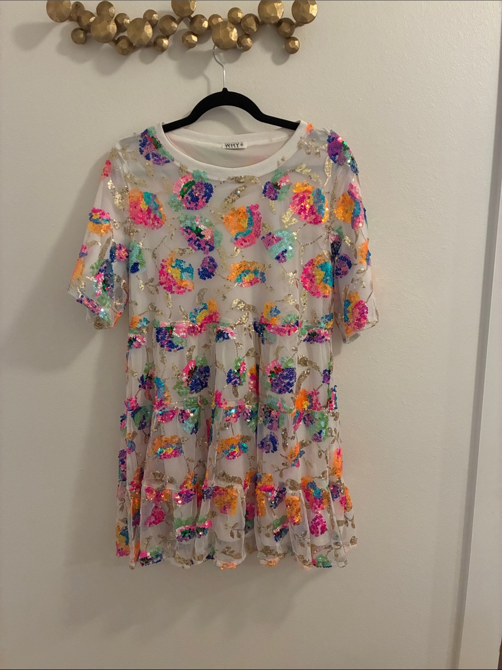 White Sequin Floral Mini Dress with Multicolor Appliqués